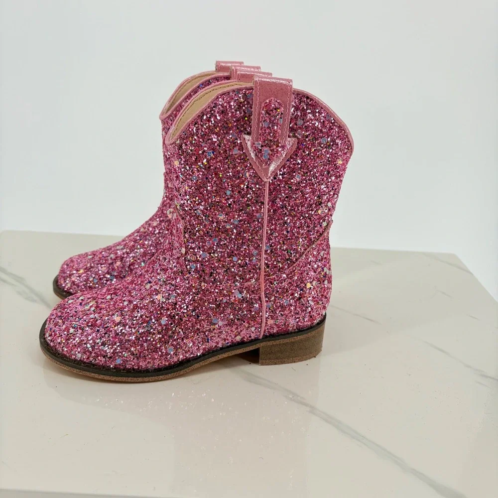 Cowboy Boots 10 Pink Glitter Sparkly Western Pull On Toddler Shoes